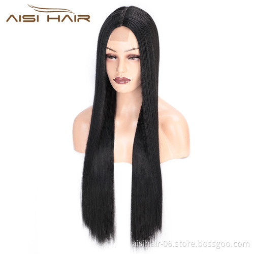Aisi Hair 26 inch Natural Black Wig Long Silky Straight Lace Frontal Wig Middle Part Synthetic Front Lace Hair Wigs For Women